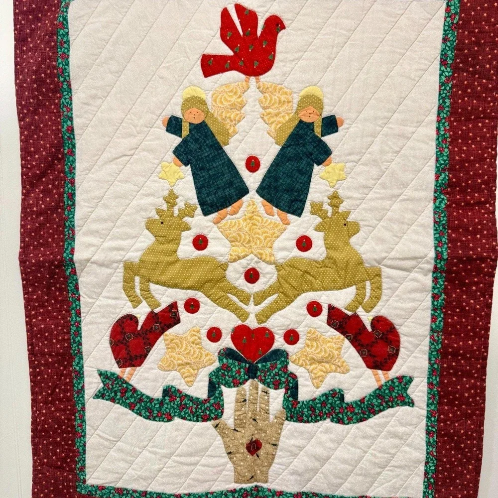 Vintage Christmas Applique Quilt Wall Hanging Angels Reindeer Folk Art 24x32